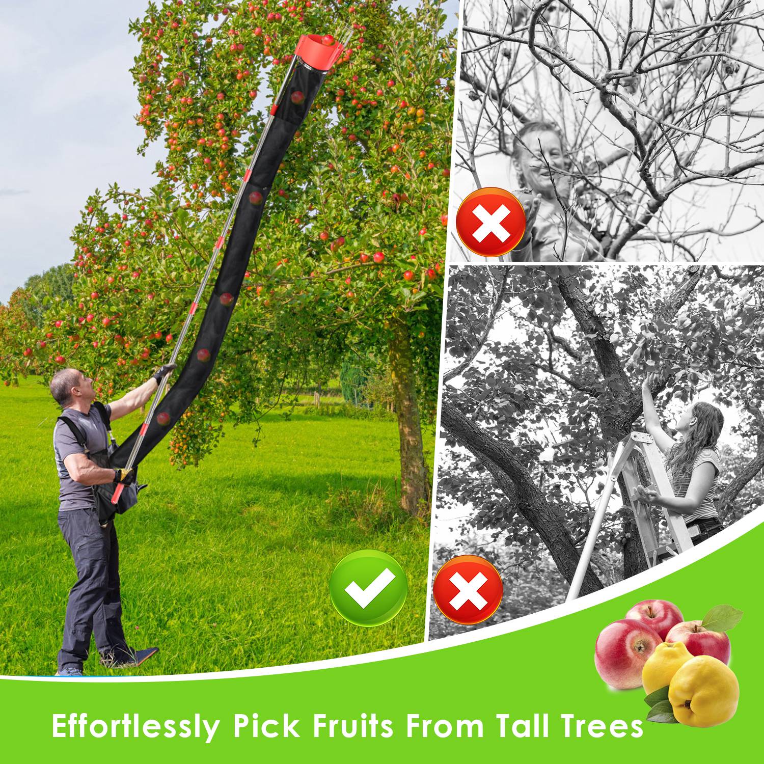 1Pc 13FT High Reach Fruit Picker Pole With Harvest Bag Heavy Duty Fruit Picking Tool With Basket Funnels Collect Bag For Mango Avocado Lemon Apples Pears