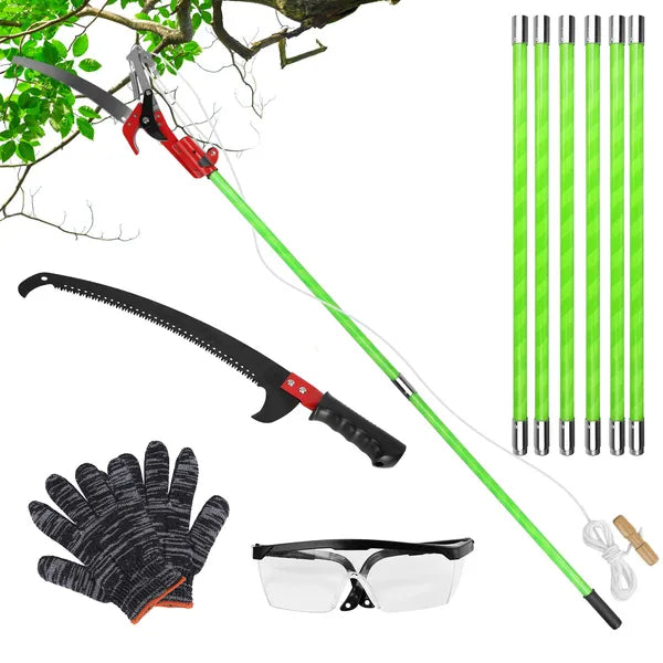 2 In 1 Extra Long Manual Pole Saw 8.23-15.12FT Extendable Tree Pruner For High Branches With Pruner Scissors 2 Double-hooked Saw Blades Goggles Gloves