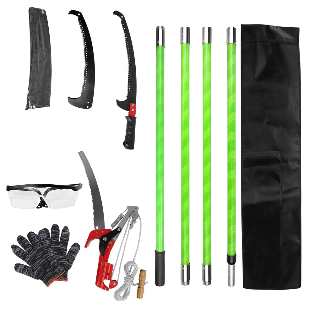 2 In 1 Extra Long Manual Pole Saw 8.23-15.12FT Extendable Tree Pruner For High Branches With Pruner Scissors 2 Double-hooked Saw Blades Goggles Gloves