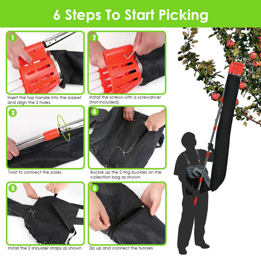 1Pc 13FT High Reach Fruit Picker Pole With Harvest Bag Heavy Duty Fruit Picking Tool With Basket Funnels Collect Bag For Mango Avocado Lemon Apples Pears