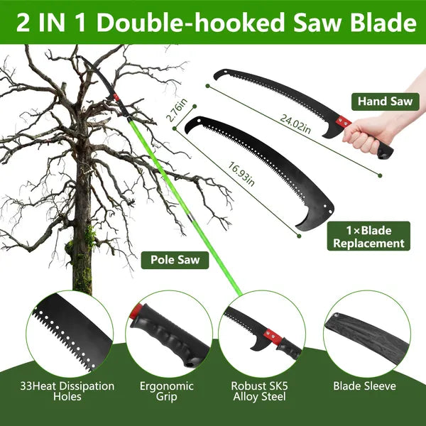 2 In 1 Extra Long Manual Pole Saw 8.23-15.12FT Extendable Tree Pruner For High Branches With Pruner Scissors 2 Double-hooked Saw Blades Goggles Gloves