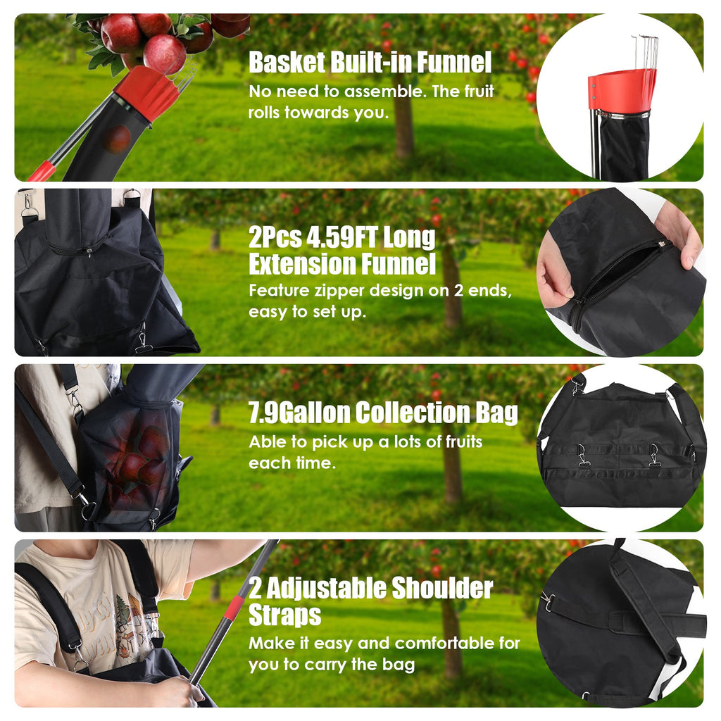 1Pc 13FT High Reach Fruit Picker Pole With Harvest Bag Heavy Duty Fruit Picking Tool With Basket Funnels Collect Bag For Mango Avocado Lemon Apples Pears