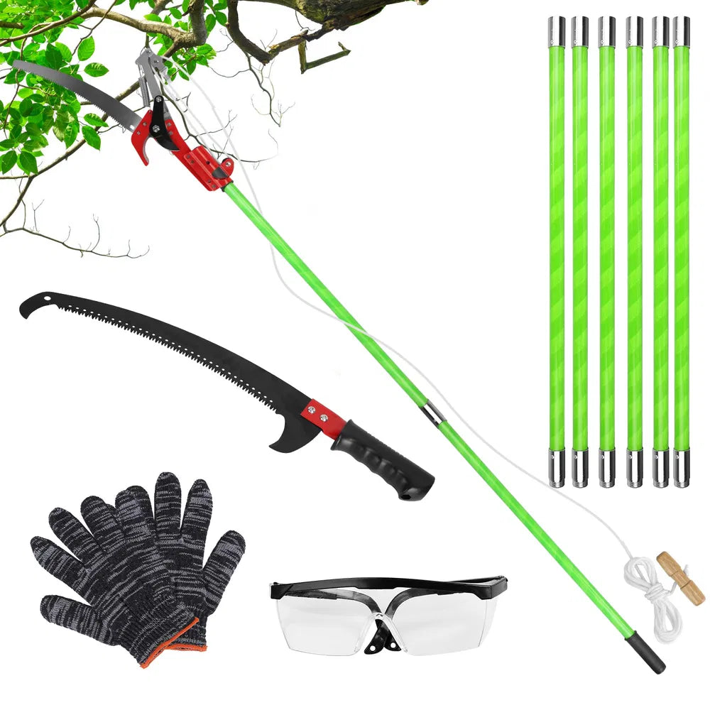 2 In 1 Extra Long Manual Pole Saw 8.23-15.12FT Extendable Tree Pruner For High Branches With Pruner Scissors 2 Double-hooked Saw Blades Goggles Gloves